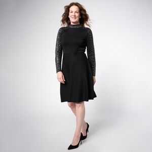 Nina Leonard Black Long-Sleeve Knit Dress with Studded Sleeves